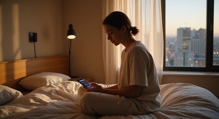 Eine nachdenkliche Frau sitzt auf dem Bett und betrachtet ihr Smartphone.