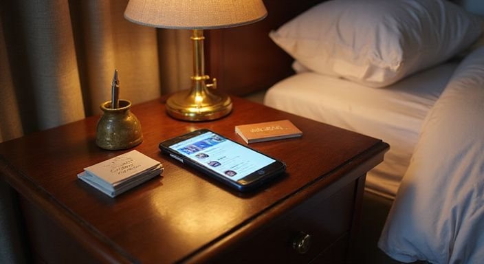 Ein Smartphone liegt auf einem Nachtisch neben Glühlampe und Schreibwaren.