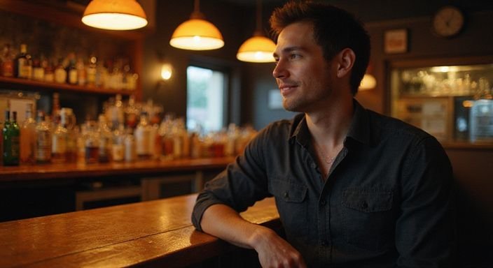 Ein lässiger Mann sitzt entspannt an der Bar.