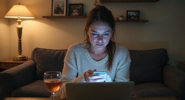 Eine besorgte Frau sitzt auf einem Sofa und betrachtet ihr Smartphone.