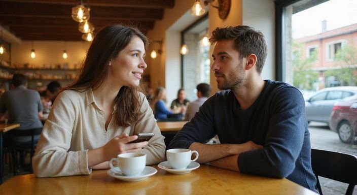 Eine junge Frau und ein Mann teilen einen authentischen Moment in einem Café.