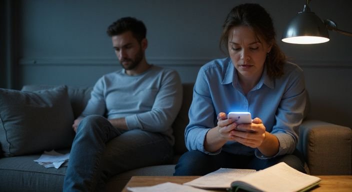 Eine besorgte Frau sitzt neben einem emotional distanzierten Mann.