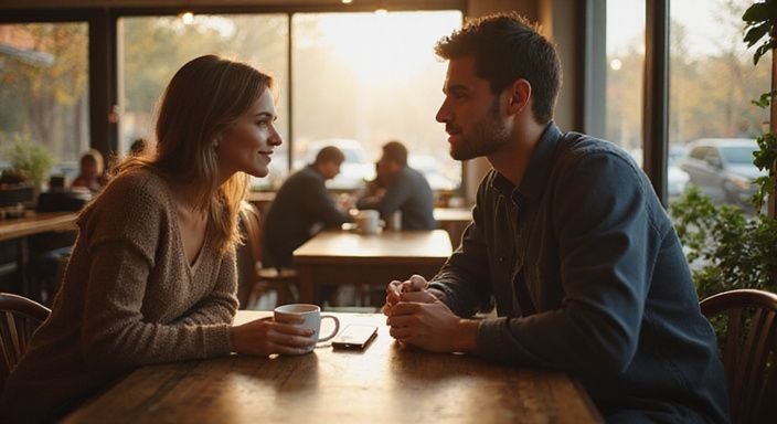 Junge Menschen teilen einen intimen Moment bei Kaffee in einem Café und wollen heimlich flirten.
