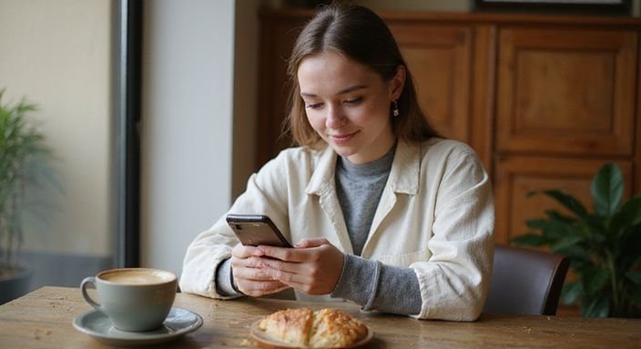 Eine lächelnde Frau mit Smartphone, entspannt an einem Holztisch und wollen heimlich flirten.