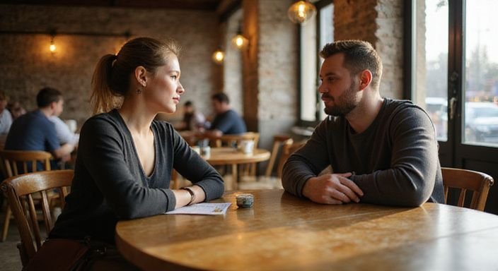 Zwei junge Erwachsene führen ein entspanntes Gespräch über heimlich flirten in einem Café.