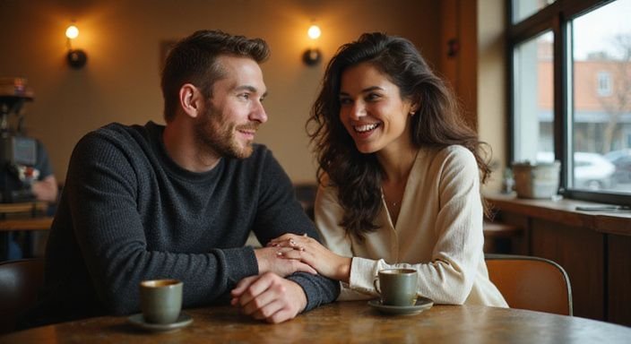 Zwei lächelnde Personen in einem Café teilen einen angenehmen Moment.