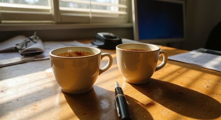 Zwei Kaffeetassen auf einem abgenutzten Schreibtisch mit Dokumenten
