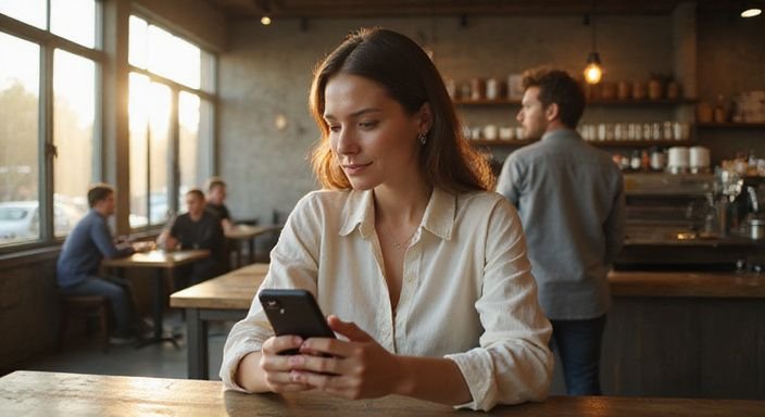 Eine Frau mit nachdenklichem Lächeln sitzt in einem Café.