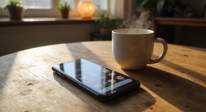 Ein Smartphone zeigt eine Dating-App auf einem Holztisch.