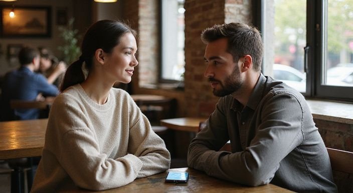 Junge Leute im Café, entspannt im Gespräch, authentische Emotionen.