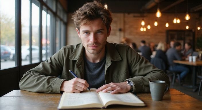 Ein konzentrierter Mann arbeitet an seinem Laptop in einem Café.