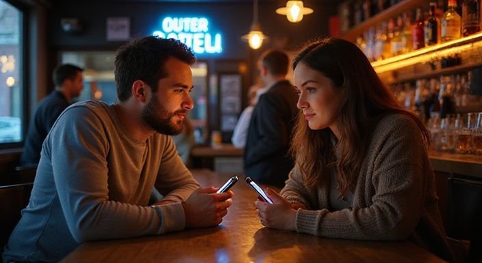 Zwei Erwachsene in einer Bar, entspannt und ungestellt, nutzen eine Dating App