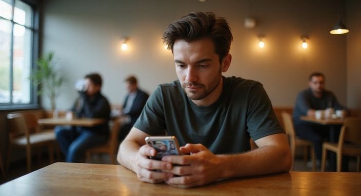 Eine Person konzentriert sich auf eine Dating-App für Sexdates in meiner Region in einem Café.