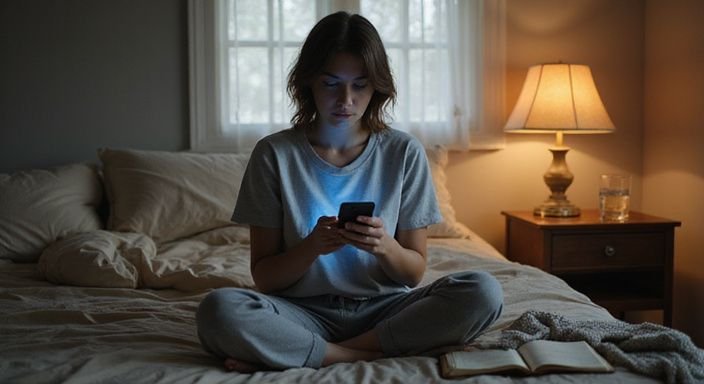 Eine Frau sitzt nachdenklich im ungemachten Bett und scrollt auf ihrem Smartphone.