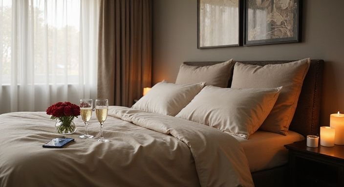 Elegantes Schlafzimmer mit luxuriöser Bettwäsche und frischen Rosen.