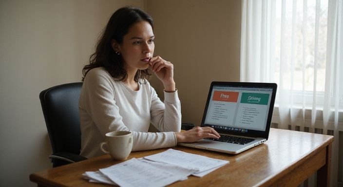 Eine Frau überlegt intensiv einen Service-Upgrade an ihrem Laptop.