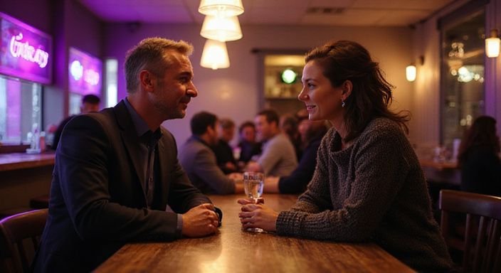 Ein mittelalter Mann und eine Frau unterhalten sich an einem Tisch.