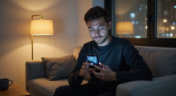 Ein Mann in einem modernen Raum nutzt eine Dating-App.