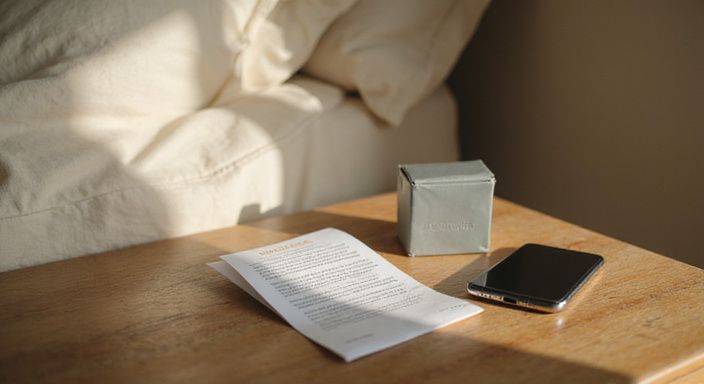 Ein Nachttisch mit persönlichen Gegenständen neben einem ungemachten Bett. Ein Nachttisch mit persönlichen Gegenständen neben einem ungemachten Bett.