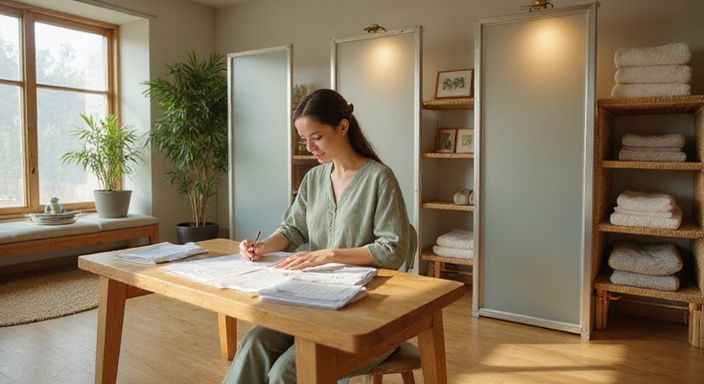 Eine entspannte Frau arbeitet in einem minimalistischen Wellnessstudio. Eine entspannte Frau arbeitet in einem minimalistischen Wellnessstudio.