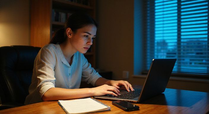 Eine konzentrierte Frau arbeitet an ihrem Laptop in einem Homeoffice. Eine konzentrierte Frau arbeitet an ihrem Laptop in einem Homeoffice.
