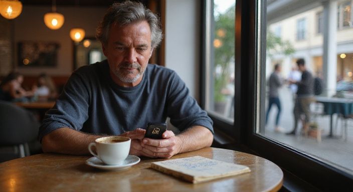 Eine nachdenkliche Person nutzt in einem Café ihr Smartphone. Eine nachdenkliche Person nutzt in einem Café ihr Smartphone.