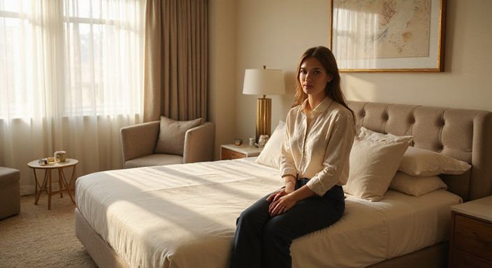Eine Frau sitzt entspannt auf der Bettkante in einem modernen Hotelzimmer. Eine Frau sitzt entspannt auf der Bettkante in einem modernen Hotelzimmer.