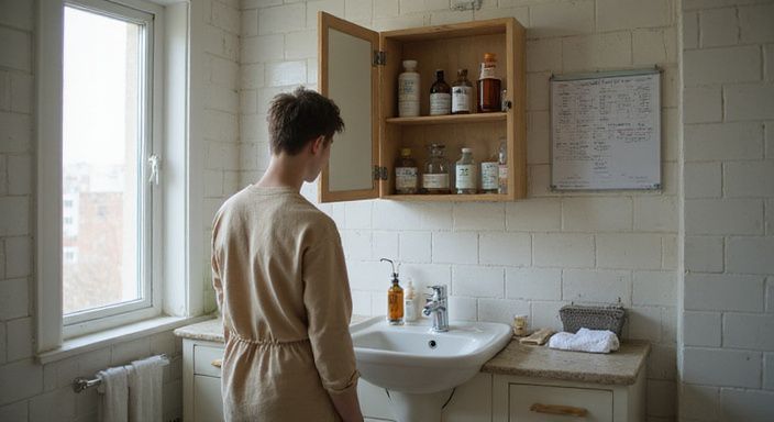 Eine Person steht entspannt vor einem offenen Medizinschrank im Badezimmer.