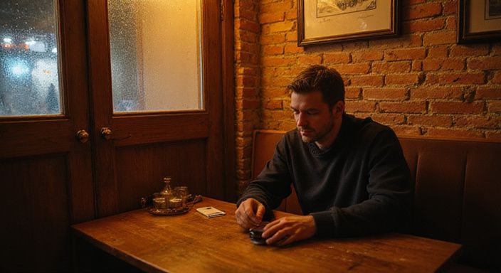 Ein nachdenklicher Mann sitzt allein in einem urbanen Café.
