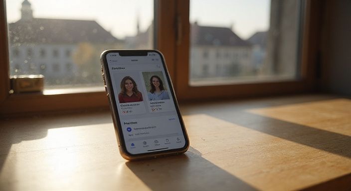 Ein Smartphone zeigt ein Dating-App-Interface auf einem Holztisch.