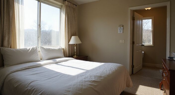 Ein einfaches Hotelzimmer mit einem ordentlichen Queen-Size-Bett und minimaler Einrichtung.