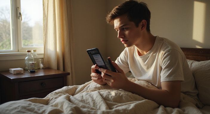 Junger Erwachsener nutzt eine Dating-App für Sexkontakt Zürich in einem unordentlichen Schlafzimmer.