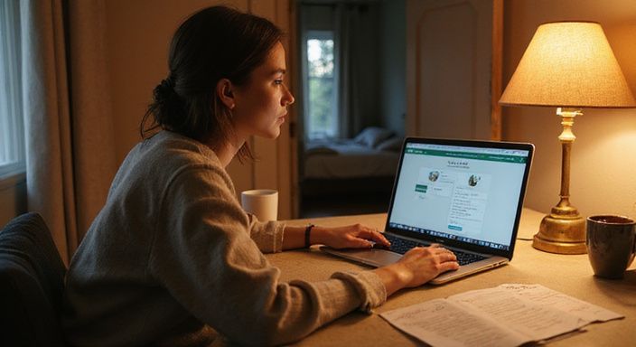 Eine Frau konzentriert sich am Schreibtisch auf ihren Laptop.