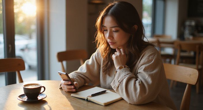 Eine Frau in einem Café betrachtet konzentriert ihr Smartphone.