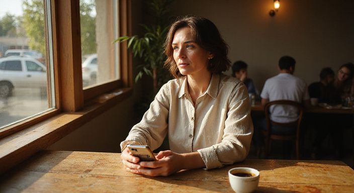 Eine Frau sitzt entspannt in einem Café und hält ein Smartphone.