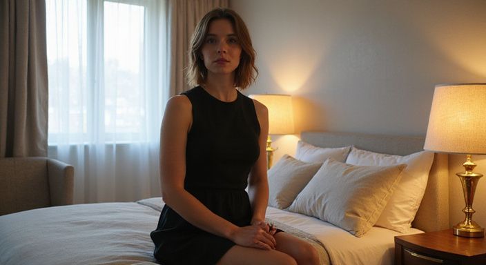 Eine nachdenkliche Frau in einem modernen Hotelzimmer sitzt auf dem Bett.