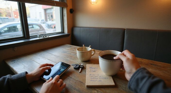 Ein entspannter Moment in einem modernen Café mit persönlichen Gegenständen.