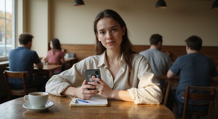 Eine Person in einem Café betrachtet eine Dating-App auf dem Smartphone.
