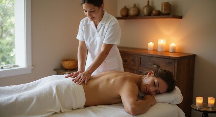 Eine Frau erhält eine entspannende Massage in einem ruhigen Spa.