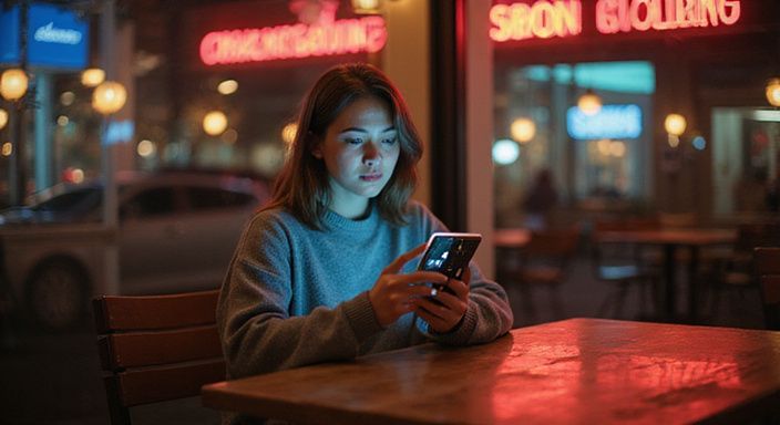 Eine Frau in einem Café, allein und mit ihrem Smartphone beschäftigt