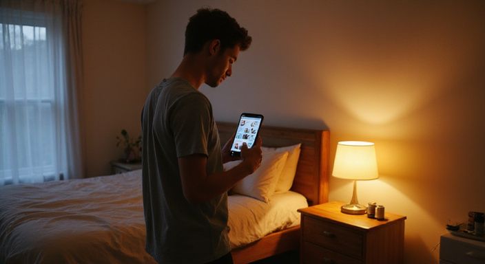 Eine Person in einem zeitgenössischen Schlafzimmer benutzt eine Dating-App für Sexkontakte in der Zentralschweiz.