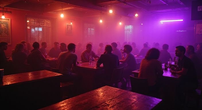Authentisches Nachtclubinterieur mit geselligen Gästen und rauchiger Atmosphäre.