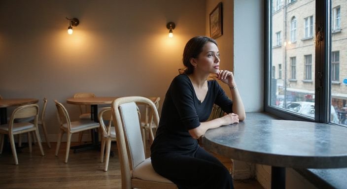 Eine nachdenkliche Frau sitzt allein an einem Tisch in Zürich.