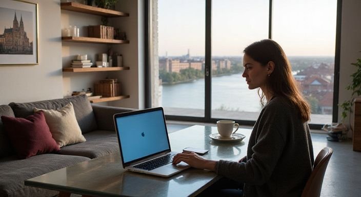 Eine nachdenkliche Frau nutzt eine Dating-App in modernem Loft.