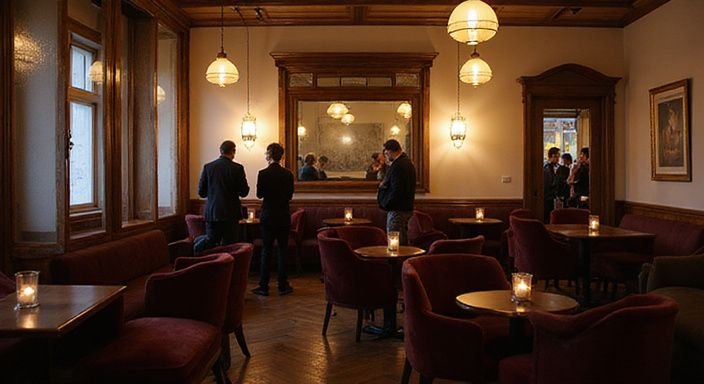 Elegante Lounge in Bern mit stilvollen Möbeln und lebhaften Gesprächen.