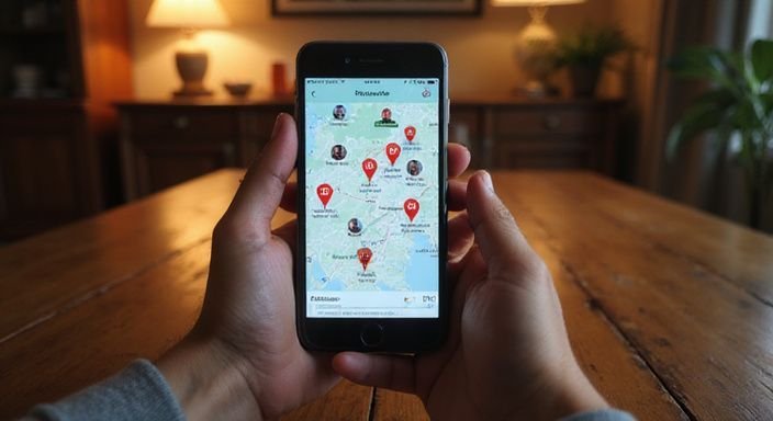 Ein Smartphone zeigt eine digitale Karte der Schweiz mit GPS-Markierungen.