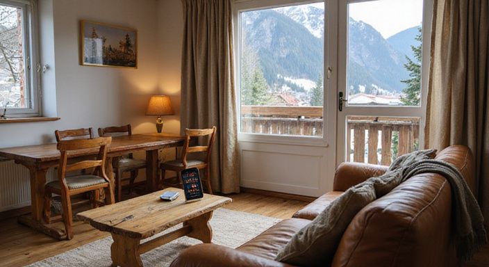Moderne alpine Wohnung mit traditionellem Design und gemütlicher Atmosphäre.
