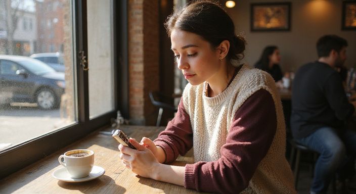 Eine Frau betrachtet konzentriert ihr Smartphone in einem Café unbd suche sextreffen in Kärnten.