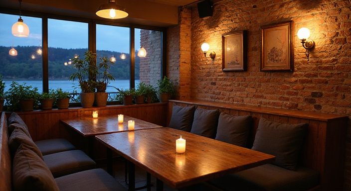 Ein eleganter moderner Bar mit rustikalem Charme und kunstvollen Details. Ein eleganter moderner Bar mit rustikalem Charme und kunstvollen Details.