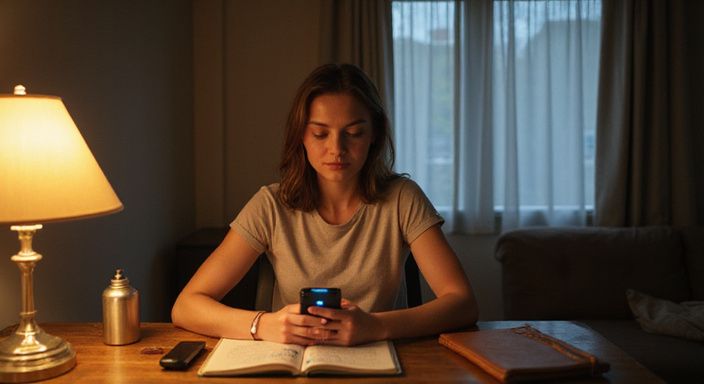 Eine konzentrierte Frau arbeitet an einem schlichten Schreibtisch. Eine Frau schaut sich eine Dating-App auf ihrem Smartphone an.